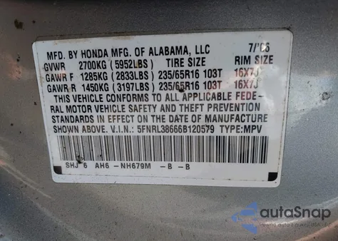 2006 Honda Odyssey Ex-L from USA, damaged, VIN 5FNRL38666B120579